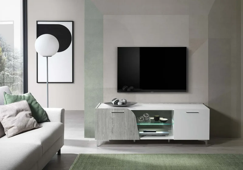 Mur TV chêne gris laqué led LIPARI