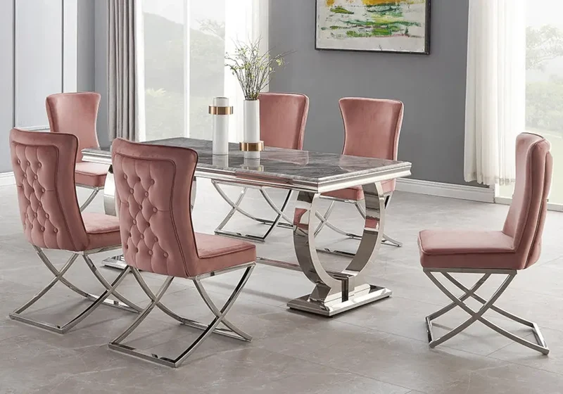 Chaise capitonnée pied croisé argent rose - Enzo x2