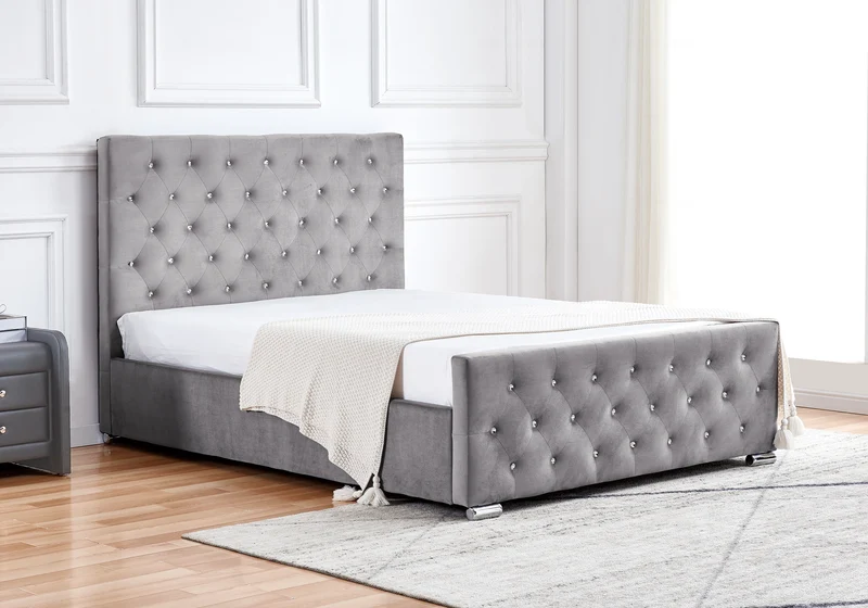 Lit double capitonné en velours gris avec strass - Anis