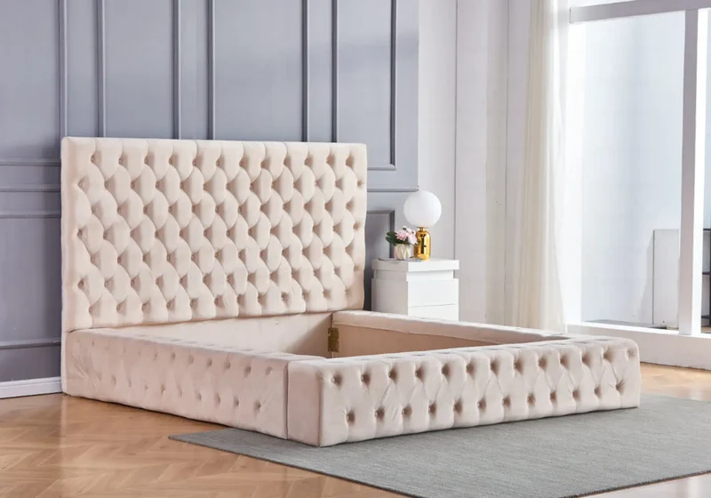 Lit capitonné velours beige - Celia