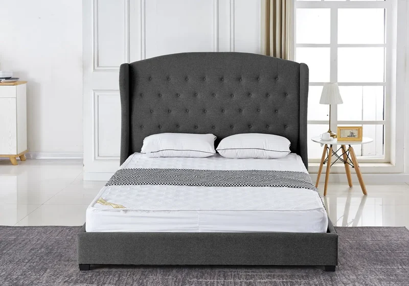 Lit chester capitonné tissu gris - Erac