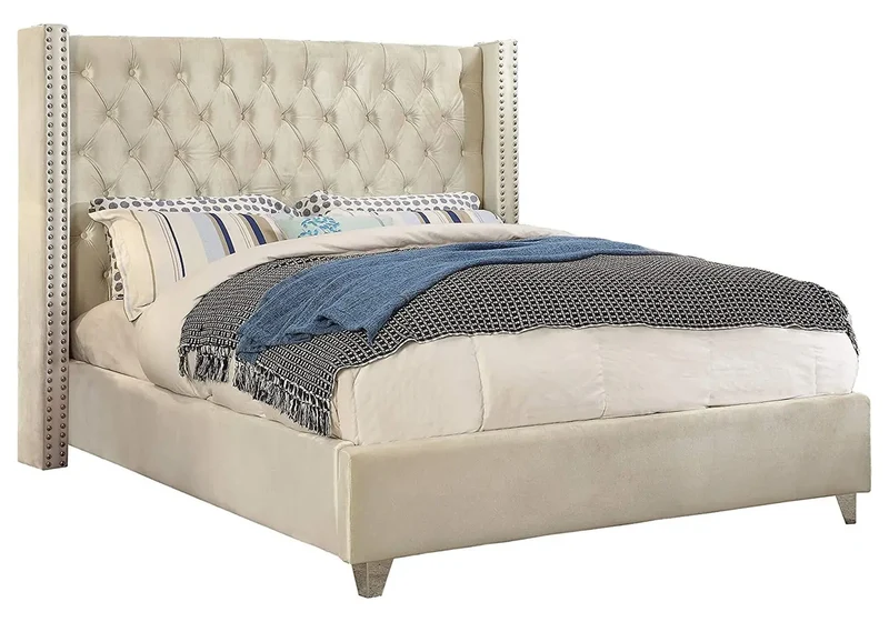 Lit king size velours beige capitonné - Chester
