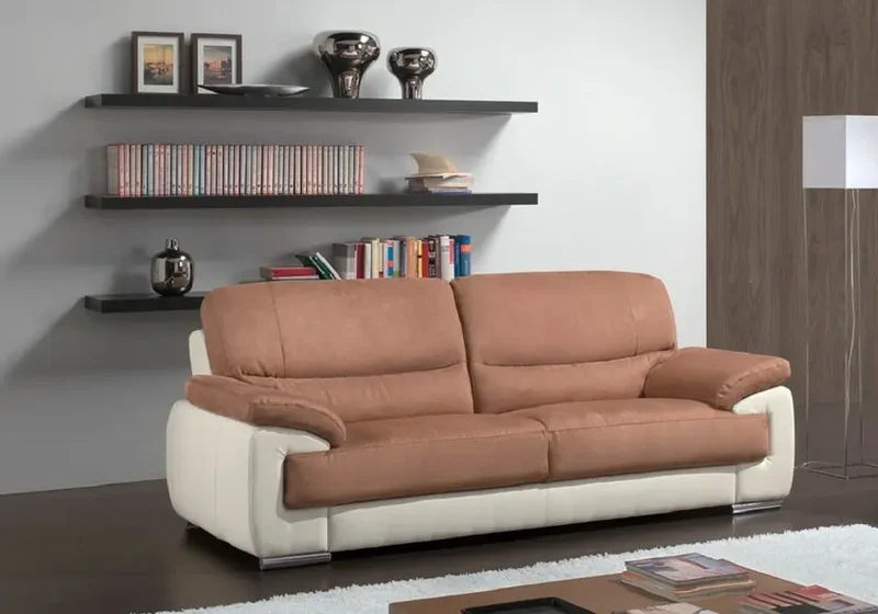 Canapé droit bicolore en cuir et microfibre marron - Anne