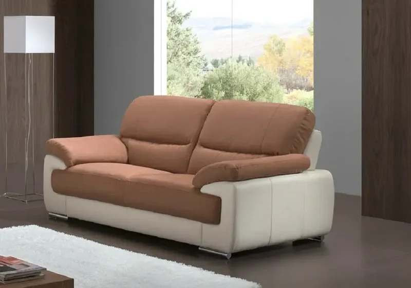 Canapé droit bicolore en cuir et microfibre marron - Anne