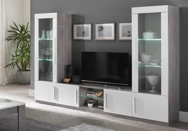 Mur TV LED béton blanc laqué GRETA