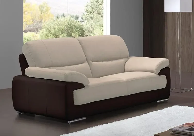 Canapé droit bicolore en cuir et microfibre crème - Anne