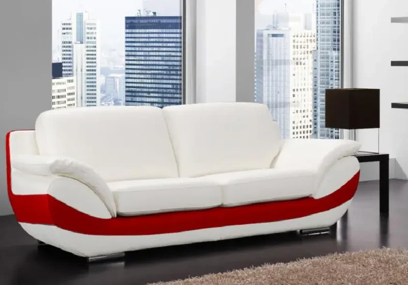 Canapé droit bicolore en cuir crème et rouge - Bruni