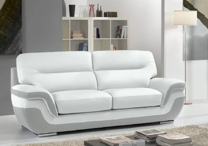 Canapé droit bicolore en cuir blanc et gris - Cassandra