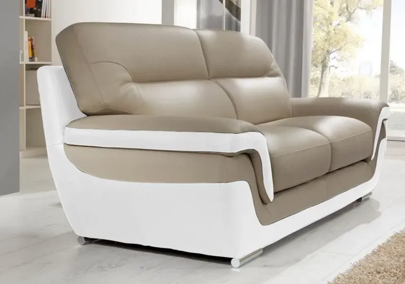 Canapé droit bicolore en cuir taupe et blanc - Cassandra