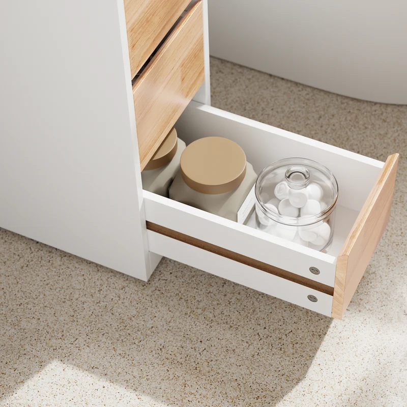 SoBuy BZR54-IV-WN Colonne Salle de Bain avec Roulettes, 3 Tiroirs et Compartiment Arrière Réglable – L65×P23×H82 cm, Charge 40 kg, Blanc et Naturel