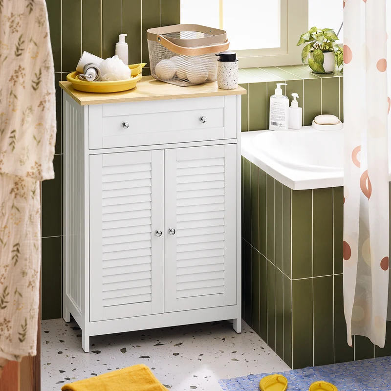SoBuy FRG238-WN Meuble Bas Salle de Bain avec Étagère Réglable, 1 Tiroir et 2 Portes, pour Salle de Bain et WC, Compact – L60×P35×H87 cm, Blanc et Naturel