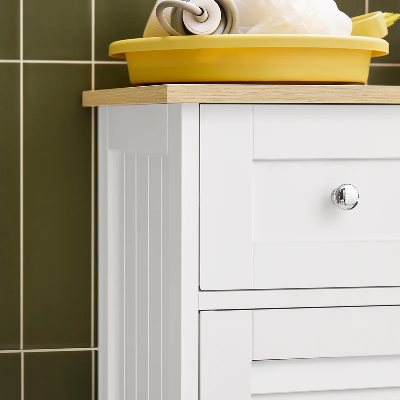 SoBuy FRG238-WN Meuble Bas Salle de Bain avec Étagère Réglable, 1 Tiroir et 2 Portes, pour Salle de Bain et WC, Compact – L60×P35×H87 cm, Blanc et Naturel