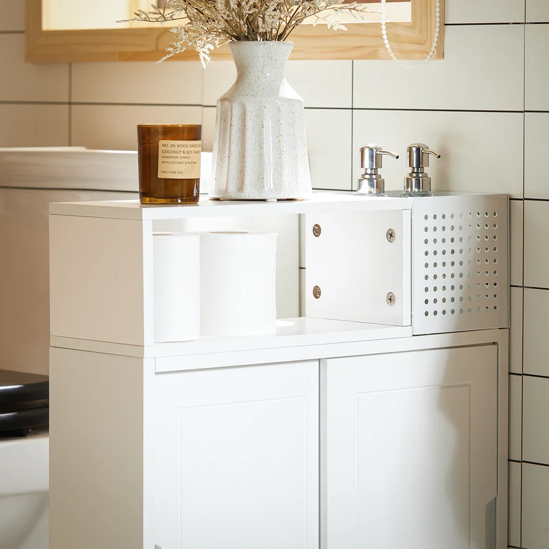 SoBuy BZR176-W Armoire Toilettes WC Support Papier Toilette, Armoire de Salle de Bain sur Roulettes, 2 Compartiments Ouverts