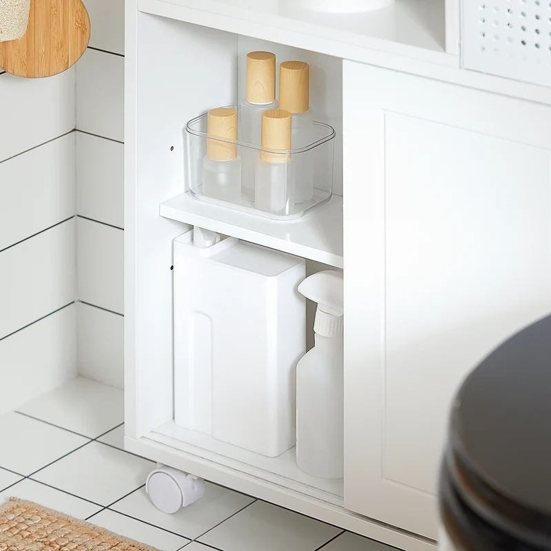 SoBuy BZR176-W Armoire Toilettes WC Support Papier Toilette, Armoire de Salle de Bain sur Roulettes, 2 Compartiments Ouverts