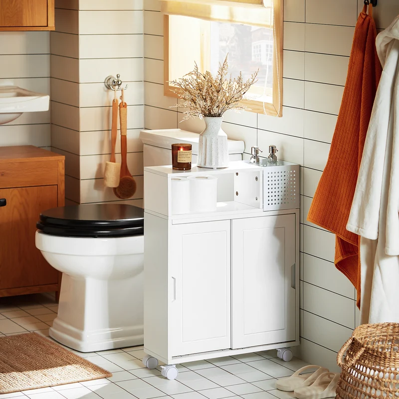 SoBuy BZR176-W Armoire Toilettes WC Support Papier Toilette, Armoire de Salle de Bain sur Roulettes, 2 Compartiments Ouverts