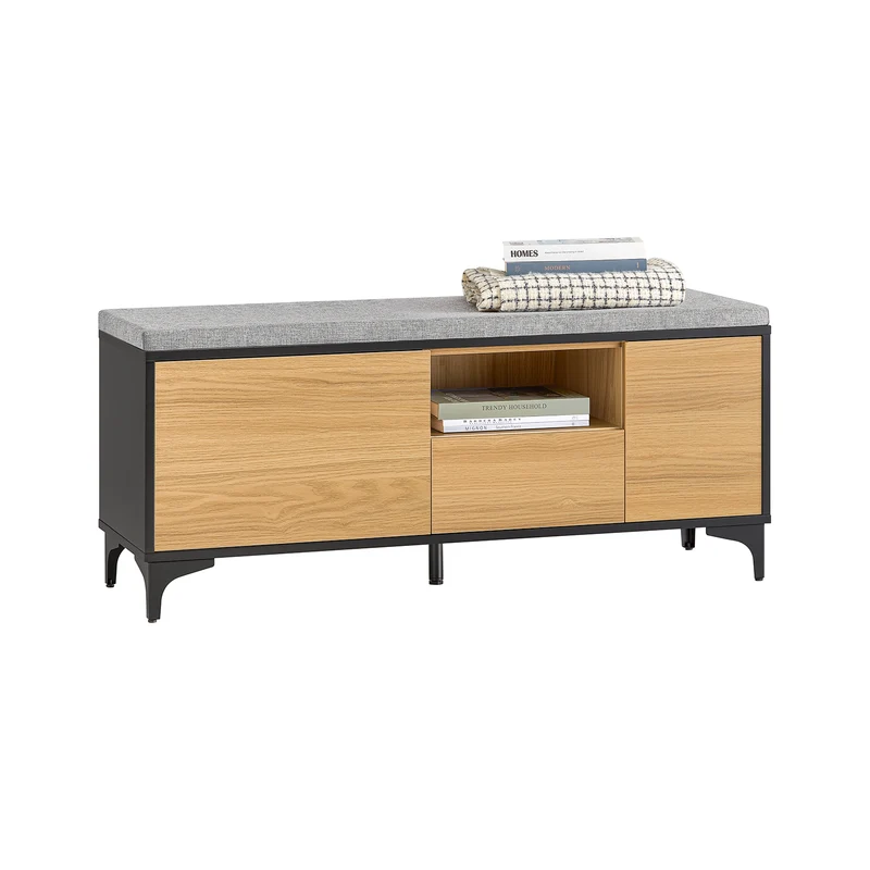 SoBuy FSR175-N Banc de Rangement, Banc à Chaussures, avec 1 Coussin Rembourré, 1 Tiroir et 2 Portes pour Entrée
