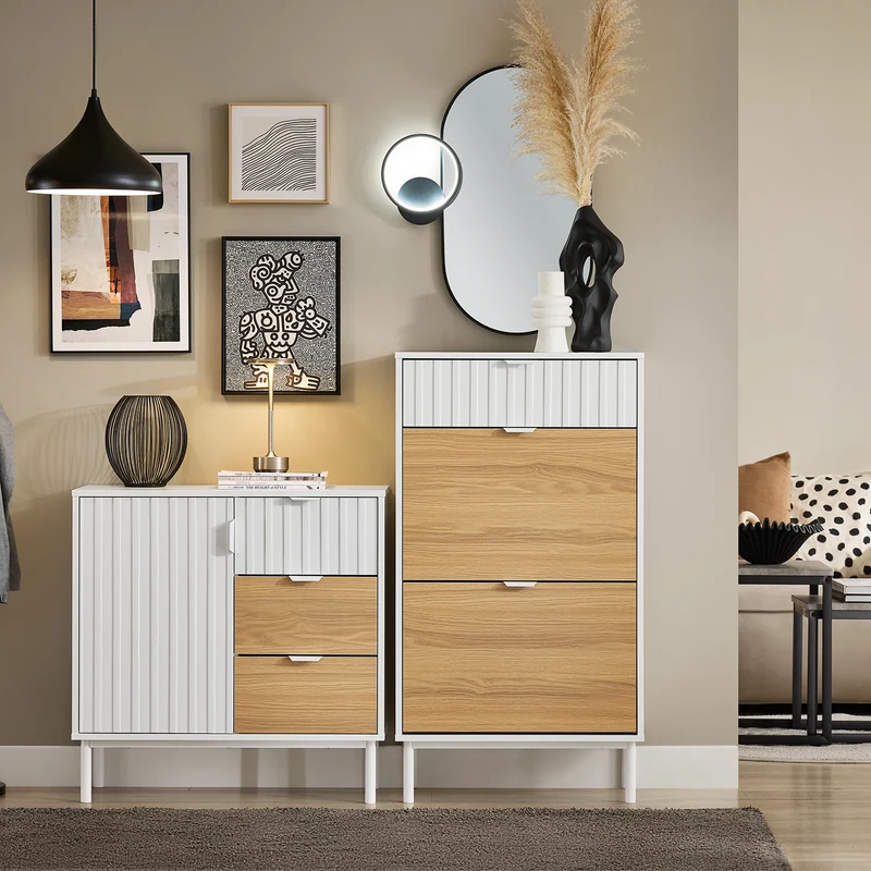 SoBuy FSR174-WN Armoire à Chaussures 2 Abattants et 1 Tiroir, Rangement pour Entrée Couloir – 60x35x110 cm, Blanc et Naturel