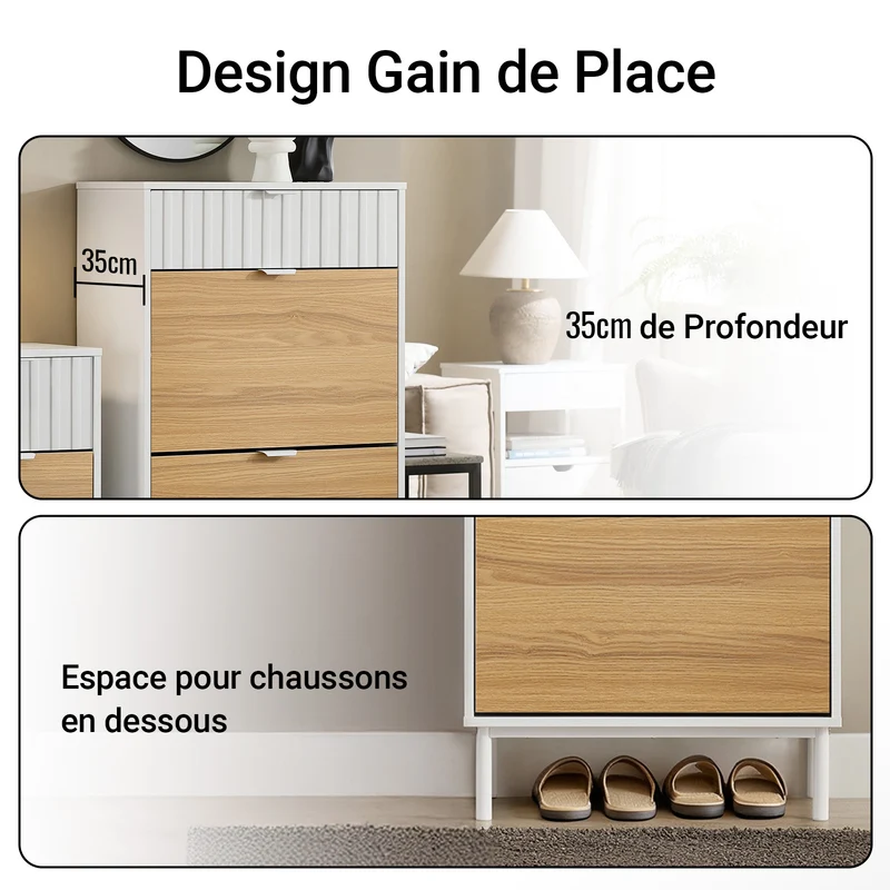 SoBuy FSR174-WN Armoire à Chaussures 2 Abattants et 1 Tiroir, Rangement pour Entrée Couloir – 60x35x110 cm, Blanc et Naturel