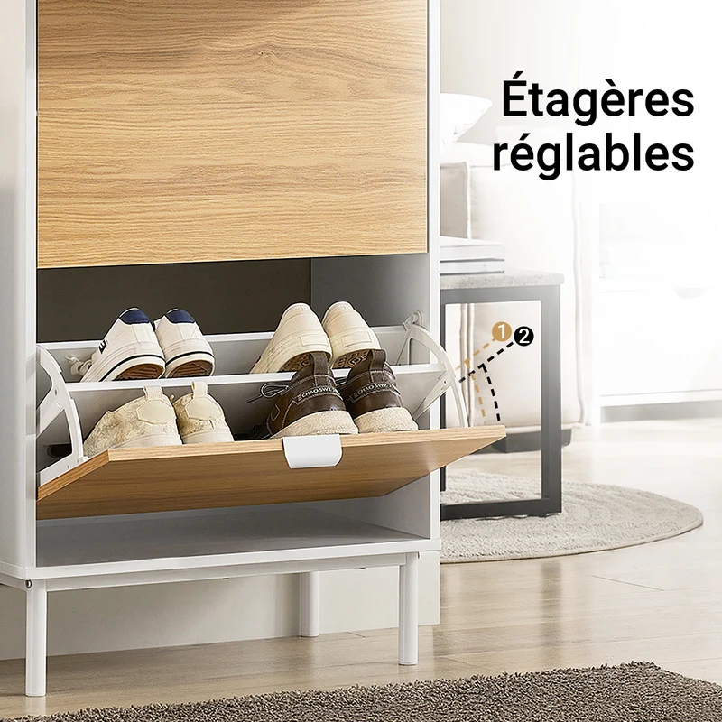 SoBuy FSR174-WN Armoire à Chaussures 2 Abattants et 1 Tiroir, Rangement pour Entrée Couloir – 60x35x110 cm, Blanc et Naturel