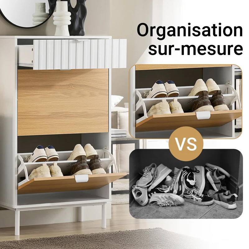 SoBuy FSR174-WN Armoire à Chaussures 2 Abattants et 1 Tiroir, Rangement pour Entrée Couloir – 60x35x110 cm, Blanc et Naturel
