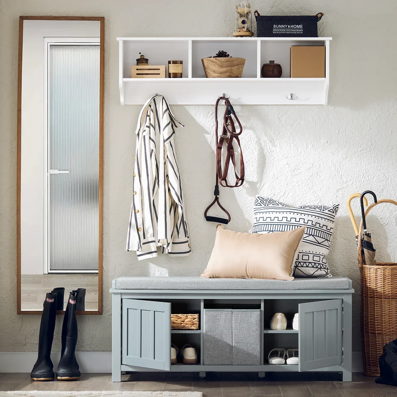 SoBuy FSR173-HG Banc de Rangement à Chaussures, Meuble à Chaussures, Meuble Bas avec 1 Coussin Rembourré, 1 Paniers et 2 Portes
