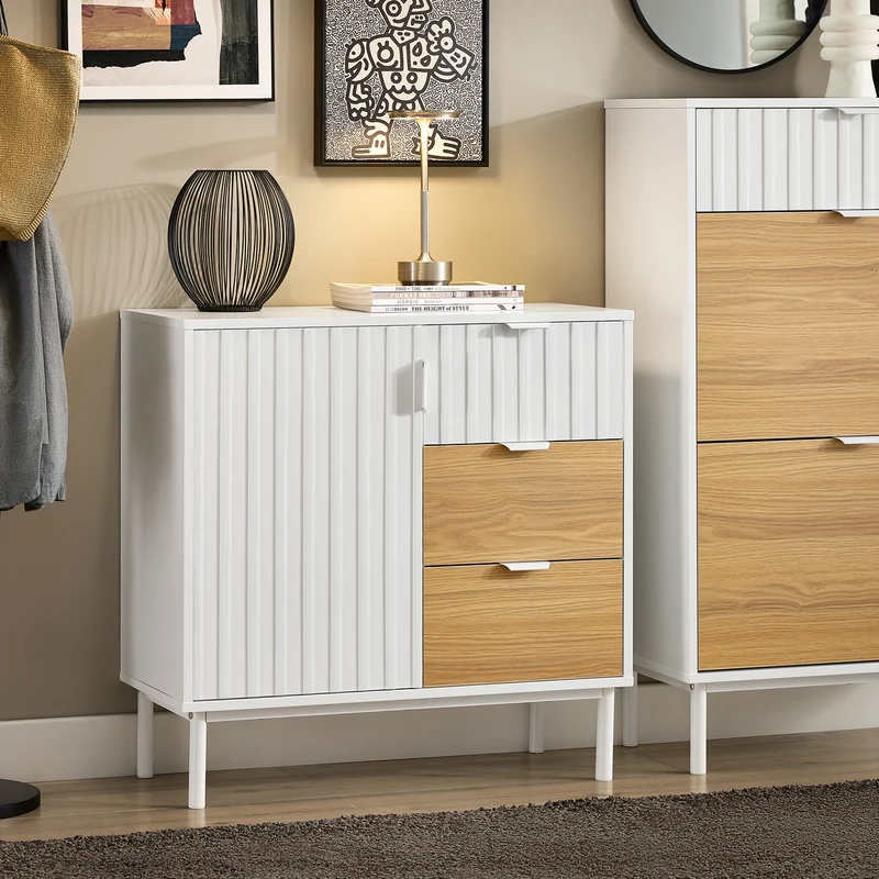 SoBuy FSB91-WN Buffet Meuble de Rangement avec 3 Tiroirs et 1 Porte, Pieds en Métal, Commode Multifonction pour Entrée Salon – 75x35x76 cm, Blanc et Naturel