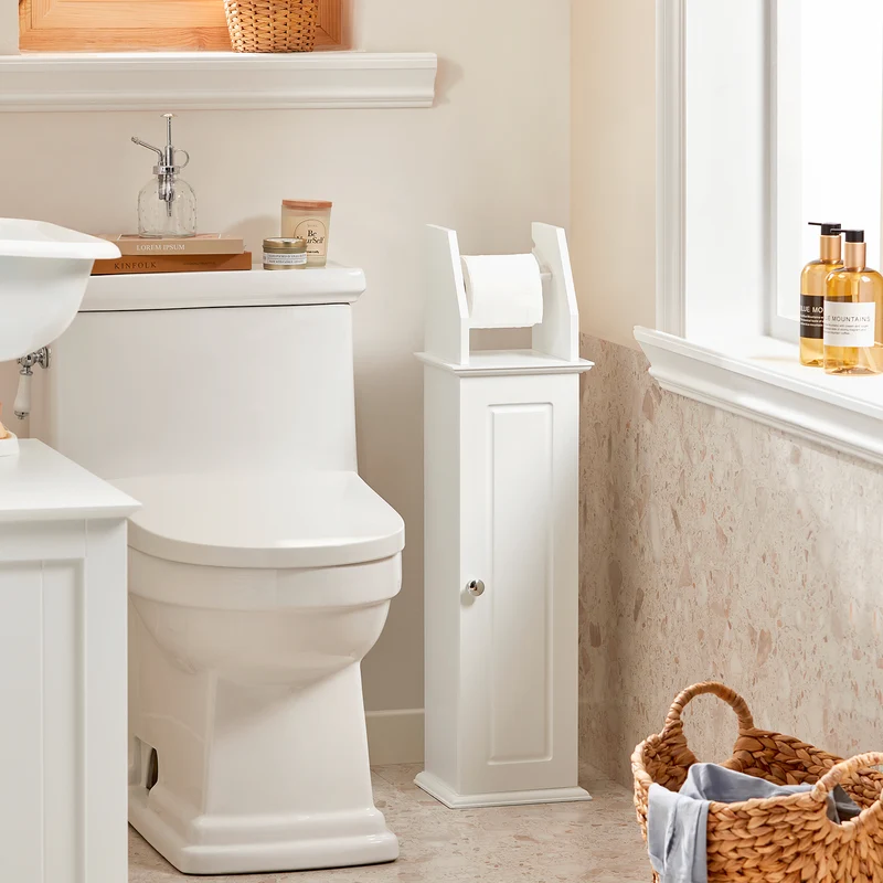 SoBuy BZR53-W Support Papier Toilette Armoire Toilettes Porte Brosse WC Meuble de Salle de Bain sur Pied en Bois ,20x18x79 cm