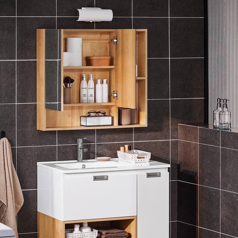 SoBuy BZR177-N Armoire Murale avec Miroir, Placard de Rangement, Meuble Haut avec 2 Portes, Étagère Réglable, 80x13x70 cm