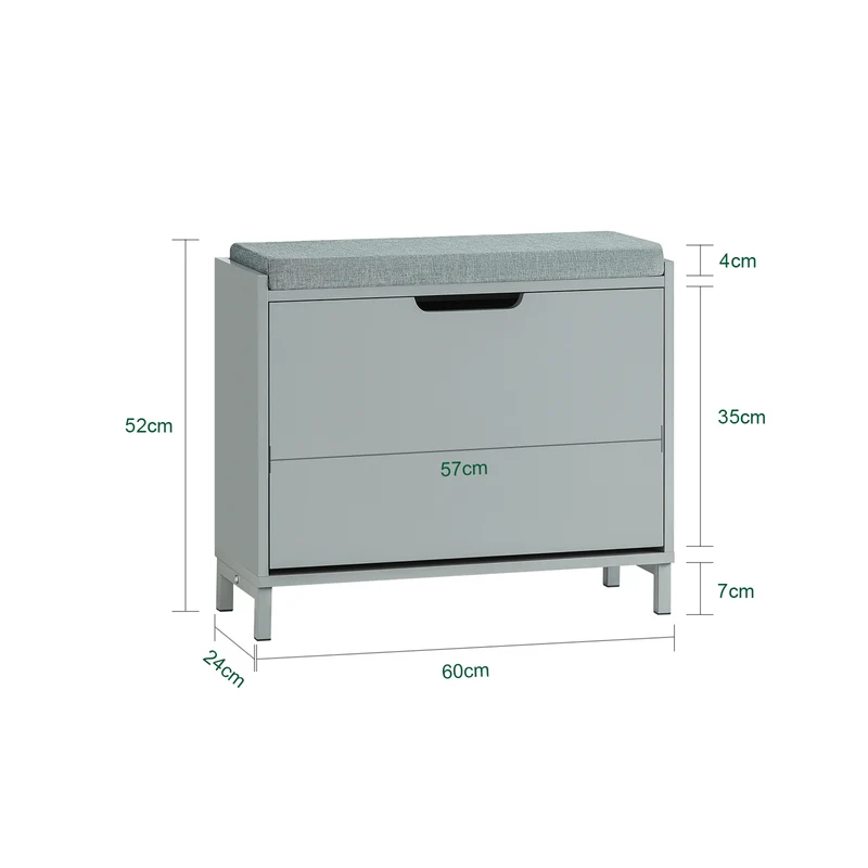 SoBuy FSR151-K-HG Banc à Chaussures avec Coussin Rembourré et 1 Abattant, Slim 24cm pour Entrée – 60x24x52 cm, Gris