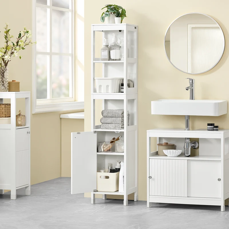SoBuy BZR187-W Meuble Colonne de Salle de Bain, Armoire Haute, Placard de Rangement, 3 Compartiments Ouverts