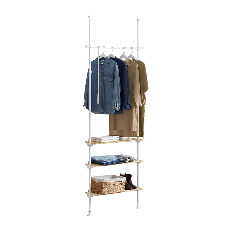 SoBuy KLS14-WN Télescopique Porte-vêtements Système de Penderie Télescopique Porte-manteau Réglable, 1 Barre, 3 Étagères et 1 Vêtement fork, L97 x H(193-262) cm, Blanc