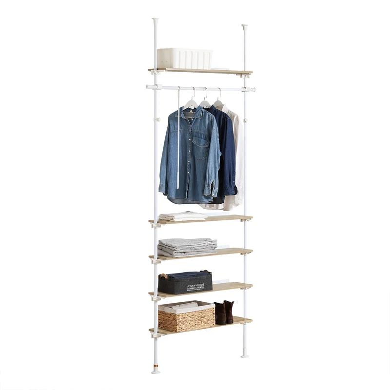 SoBuy KLS15-WN Télescopique Porte-vêtements Porte-Manteau Réglable, 1 Barre, 3 Etagères et 1 Vêtement Fork, L97 x H(193-262) cm