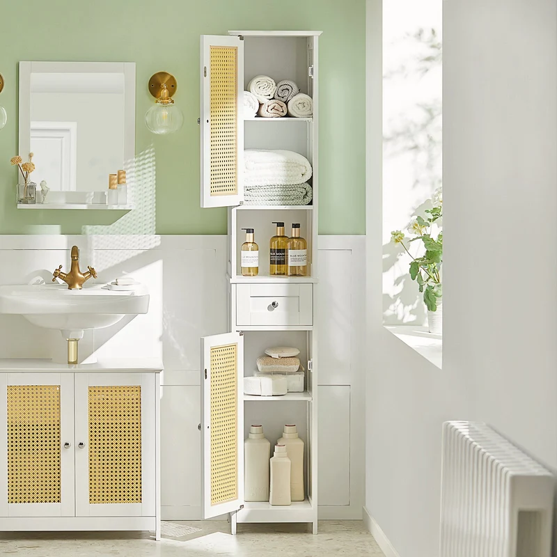 SoBuy BZR70-W Meuble Colonne, Armoire Haute, Placard, Meuble de Salle de Bain sur Pieds, ploy rotin