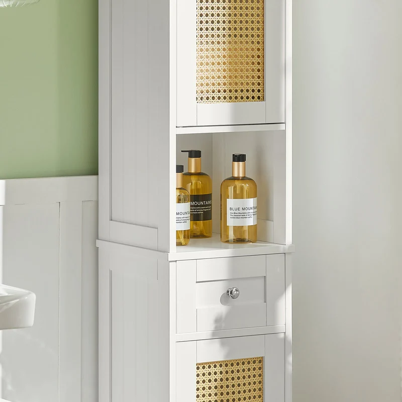 SoBuy BZR70-W Meuble Colonne, Armoire Haute, Placard, Meuble de Salle de Bain sur Pieds, ploy rotin