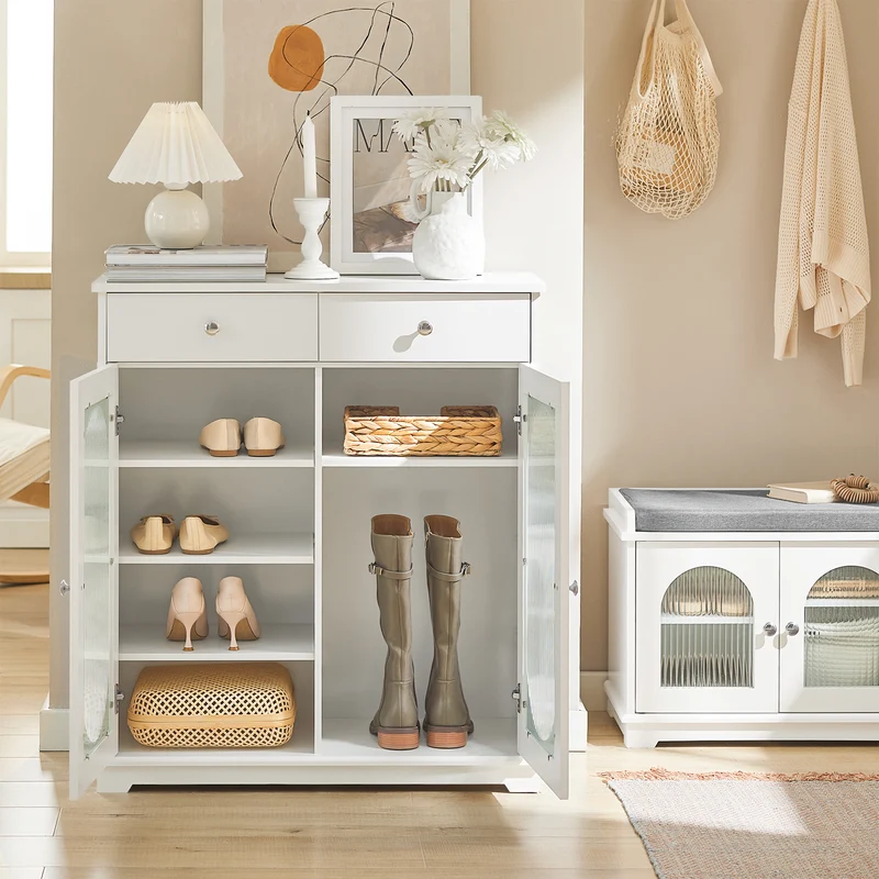 SoBuy FSB68-W Meuble d’Entrée avec Rangement Chaussures Intégré – 2 Portes Vitrées et 2 Tiroirs – Entrée Organisée – 80x35x90 cm Blanc