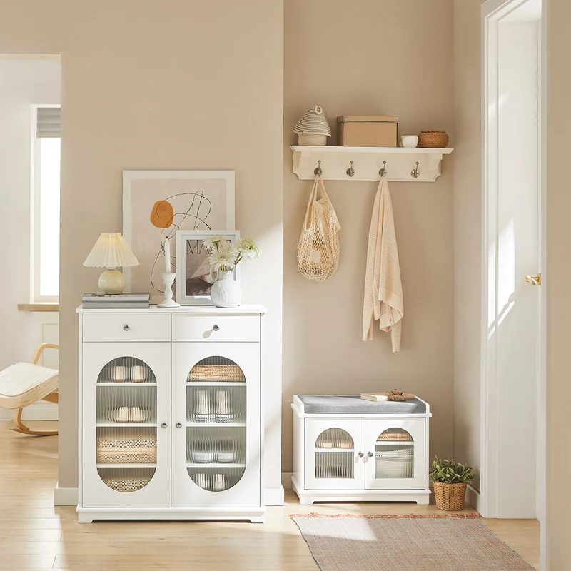 SoBuy FSB68-W Meuble d’Entrée avec Rangement Chaussures Intégré – 2 Portes Vitrées et 2 Tiroirs – Entrée Organisée – 80x35x90 cm Blanc
