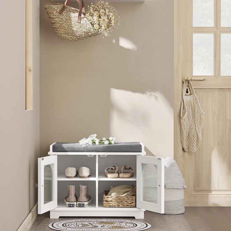 SoBuy FSR121-W Banc à Chaussures avec Coussin Rembourré, 2 Portes Vitrées et 4 Étagères pour Entrée – 60x35x45 cm, Blanc
