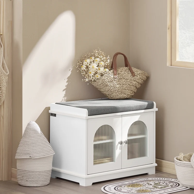 SoBuy FSR121-W Banc à Chaussures avec Coussin Rembourré, 2 Portes Vitrées et 4 Étagères pour Entrée – 60x35x45 cm, Blanc