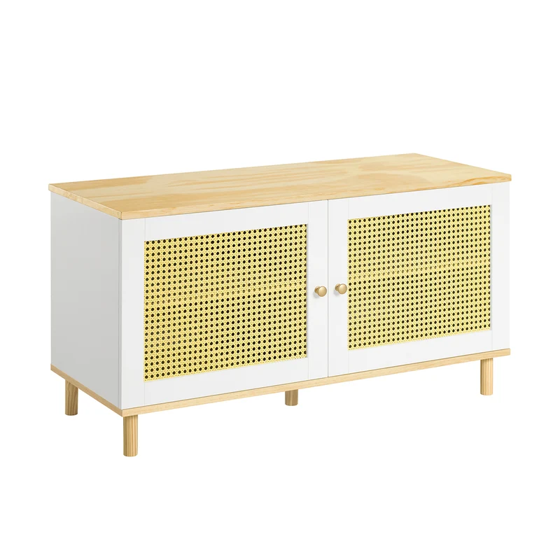 SoBuy FSR103-WN Banc de Rangement, Banc à Chaussures, Meuble d’Entrée, Meuble Bas, Coffre de Rangement avec 2 Portes en Ploy Rotin