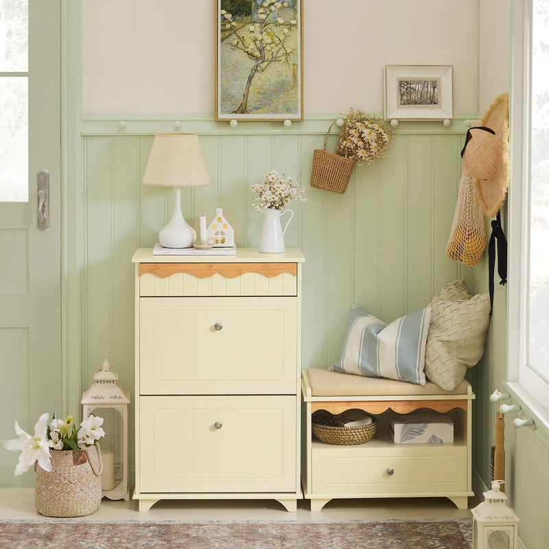 SoBuy FSR124-MI Armoire à Chaussures à Chaussures, Commode à Chaussures sur Pieds, Meuble d'entrée avec 1 Tiroir et 2 Abattants