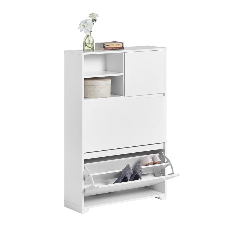 SoBuy FSR111-W Armoire à Chaussures 2 Abattants, 2 Compartiments Ouverts et 1 Porte pour Entrée Couloir, Blanc