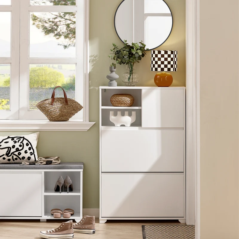 SoBuy FSR111-W Armoire à Chaussures 2 Abattants, 2 Compartiments Ouverts et 1 Porte pour Entrée Couloir, Blanc