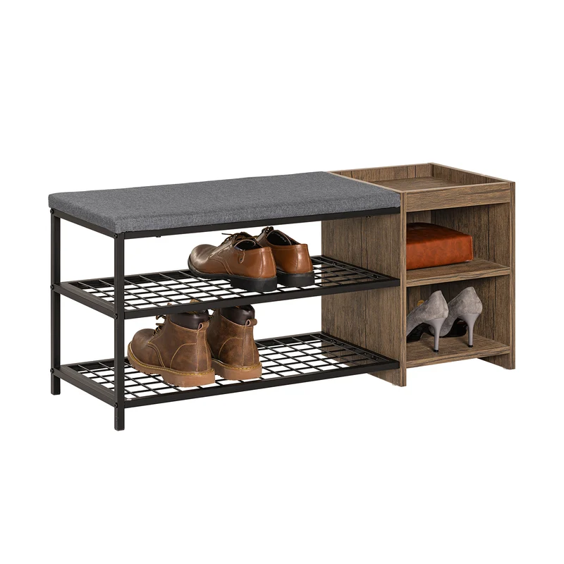 SoBuy FSR113-N Étagère à Chaussures, Banc de Vestiaire Étroit, avec Coussin Rembourré, 2 Étagères en Maille et 2 Compartiment Ouvert