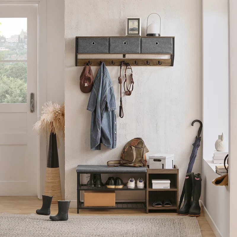 SoBuy FSR113-N Étagère à Chaussures, Banc de Vestiaire Étroit, avec Coussin Rembourré, 2 Étagères en Maille et 2 Compartiment Ouvert