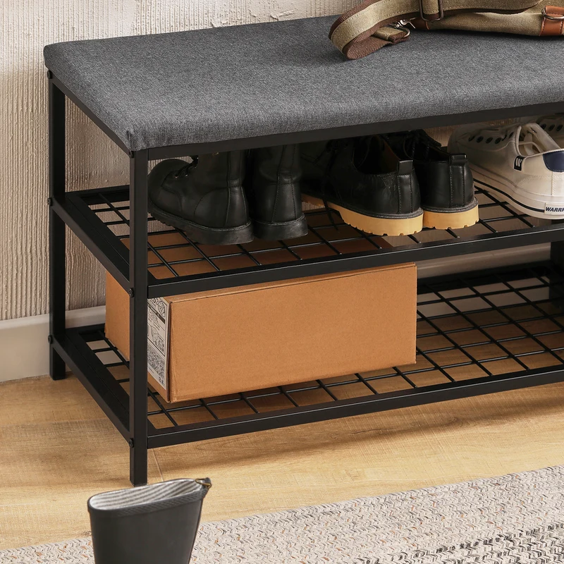 SoBuy FSR113-N Étagère à Chaussures, Banc de Vestiaire Étroit, avec Coussin Rembourré, 2 Étagères en Maille et 2 Compartiment Ouvert