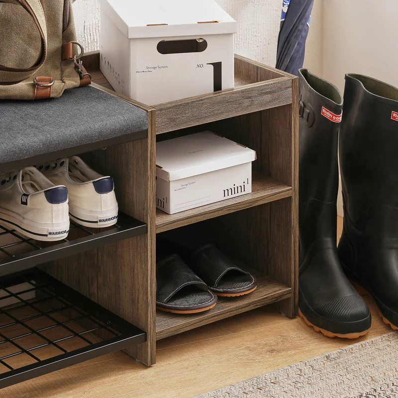 SoBuy FSR113-N Étagère à Chaussures, Banc de Vestiaire Étroit, avec Coussin Rembourré, 2 Étagères en Maille et 2 Compartiment Ouvert