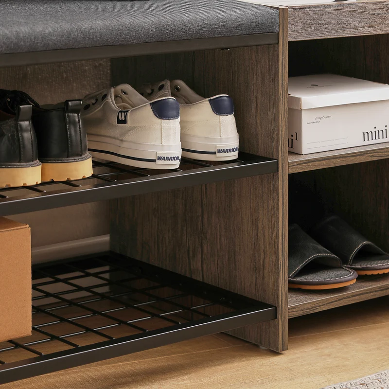 SoBuy FSR113-N Étagère à Chaussures, Banc de Vestiaire Étroit, avec Coussin Rembourré, 2 Étagères en Maille et 2 Compartiment Ouvert