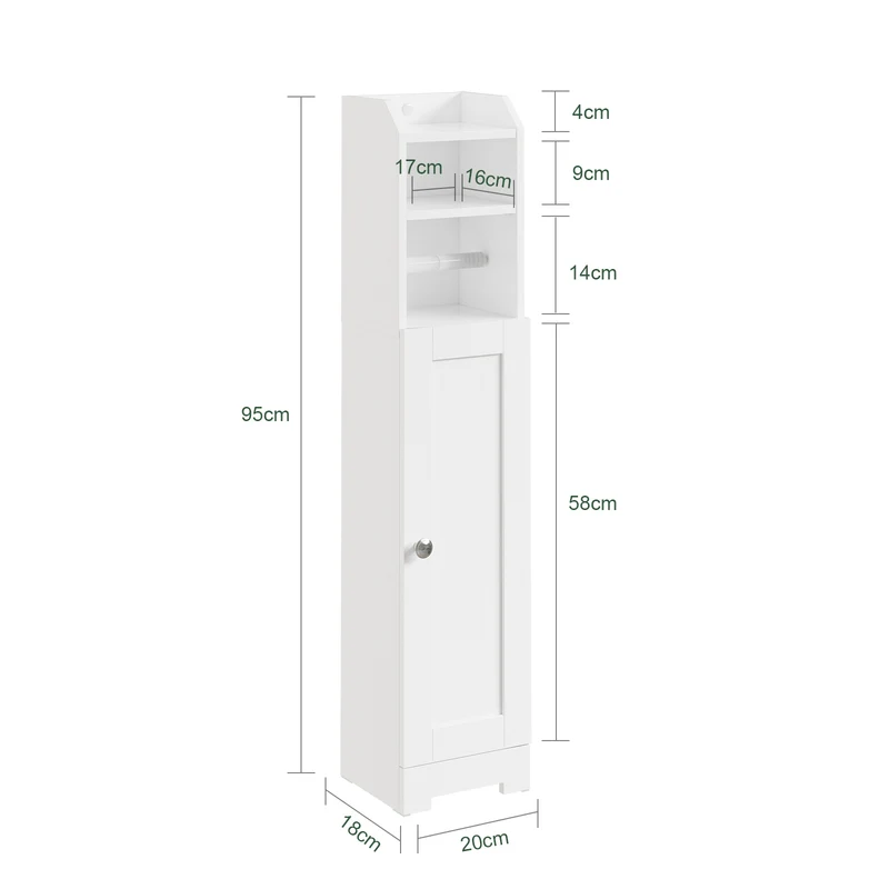 SoBuy FRG177-II-W Meuble Salle de Bain 20 cm de Largeur sur Pied avec Support Papier et Porte - Petit Meuble WC Rangement Gain de Place Blanc