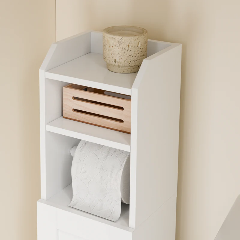 SoBuy FRG177-II-W Meuble Salle de Bain 20 cm de Largeur sur Pied avec Support Papier et Porte - Petit Meuble WC Rangement Gain de Place Blanc