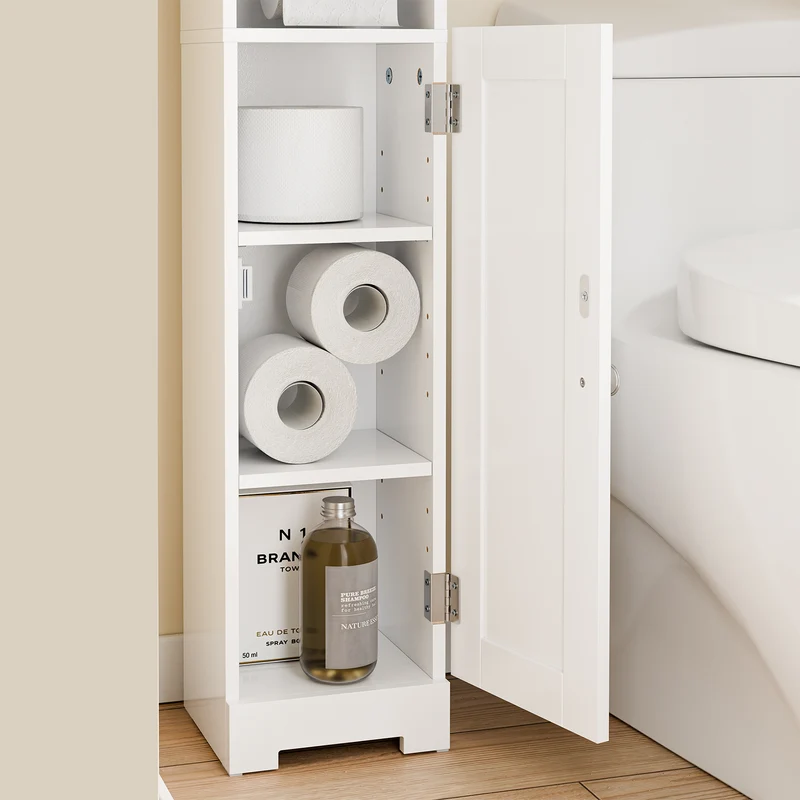 SoBuy FRG177-II-W Meuble Salle de Bain 20 cm de Largeur sur Pied avec Support Papier et Porte - Petit Meuble WC Rangement Gain de Place Blanc
